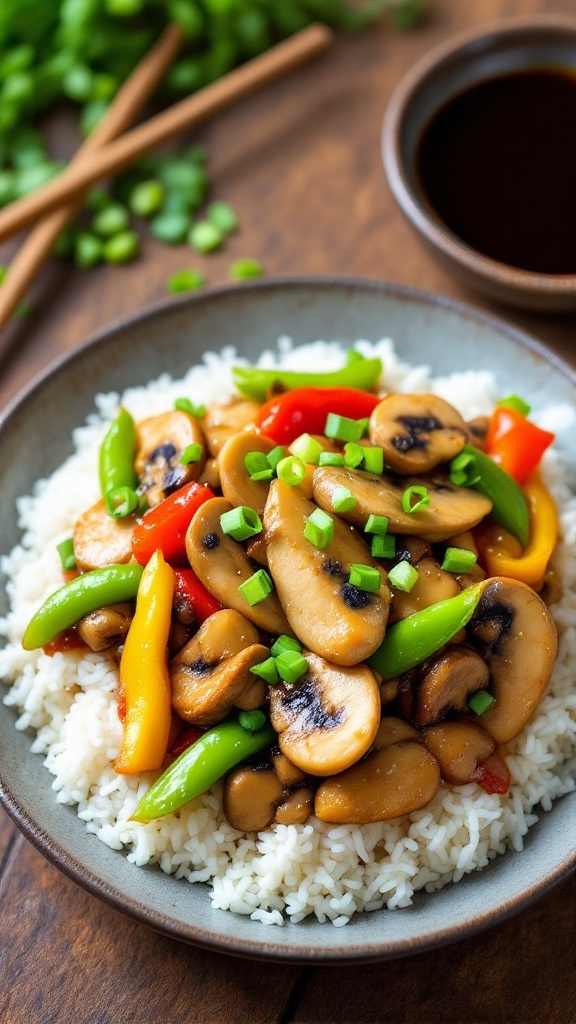 Chicken and Mushroom Stir Fry with Rice, featuring chicken, mushrooms, bell peppers, and snap peas on a rustic wooden table.